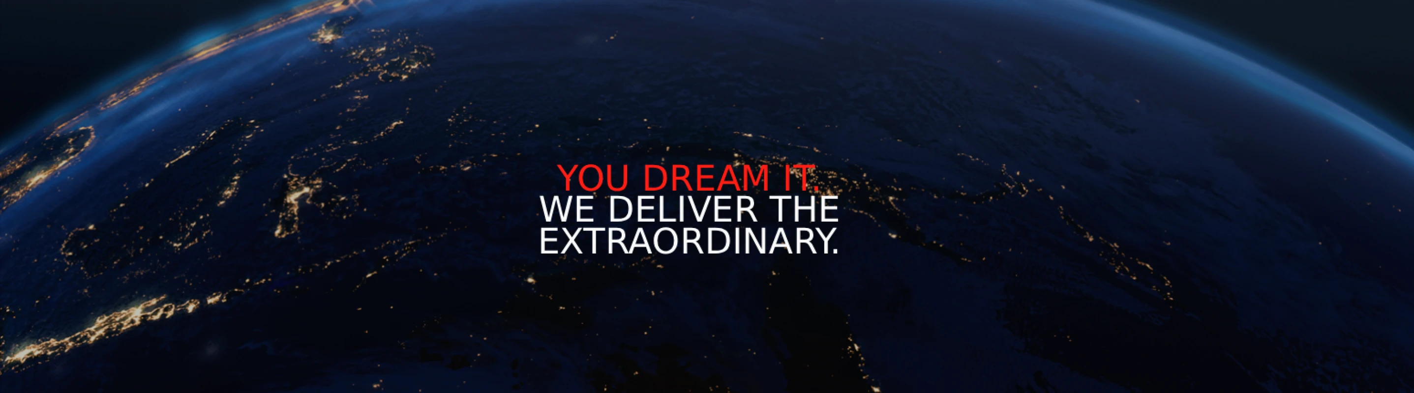 La Tierra de noche vista desde el espacio con el lema de CREA Group: You dream it, we deliver the extraordinary