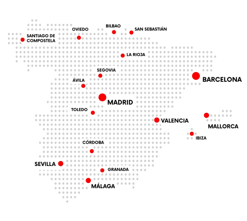 Mapa de España con los destinos donde CREA Group organiza eventos: Barcelona, Madrid, Sevilla, Valencia, Mallorca y Málaga