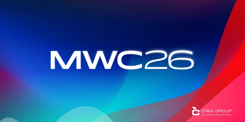 Professional graphic with the text MWC26 in white over a blue and magenta gradient background, featuring the CREA Group logo in the bottom right corner.