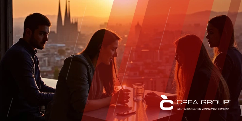International team from CREA Group Events planning a corporate event in Barcelona with city skyline view