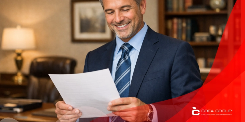 Corporate events in Spain with event agencies and DMC invoicing without VAT, tax exemptions, businesswoman planning at CREA Group