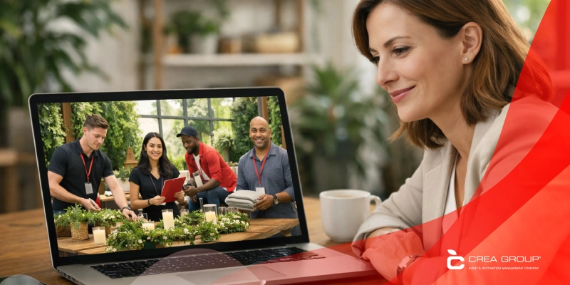 Corporate event manager on a video call with a local DMC team preparing a sustainable corporate event