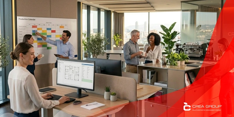 A dynamic, sunlit open-plan office where a diverse team works happily and collaboratively, featuring modern workstations, biophilic design, and Barcelona skyline views.