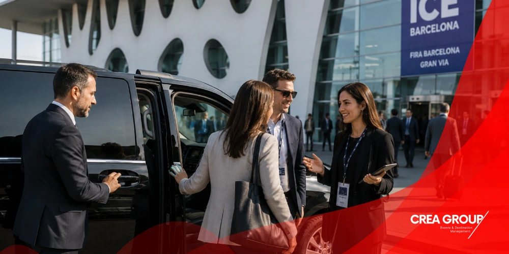 Service de transfert d'entreprise VIP et accueil des participants devant Fira Gran Via pour le salon ICE Barcelona 2027.