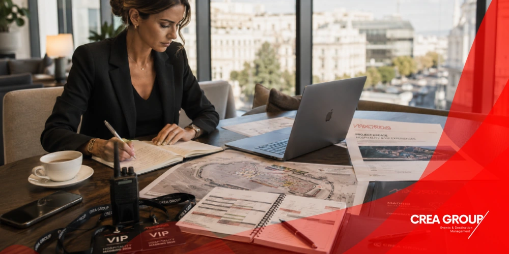 Event planner reviewing a corporate event checklist and circuit map for the Madrid Grand Prix weekend