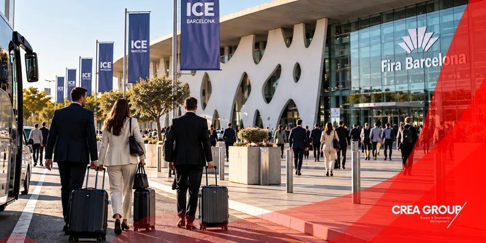 Assistents executius amb equipatge arribant a Fira Barcelona Gran Via al costat d'un autobús privat per a ICE 2027.
