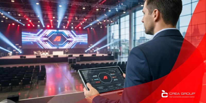 Event planner overlooking a large convention hall with stage lighting