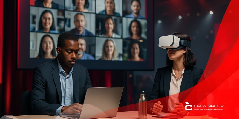 MICE trends 2026 professionals at hybrid event with VR headset, sustainable elements, and red accents symbolizing innovation.