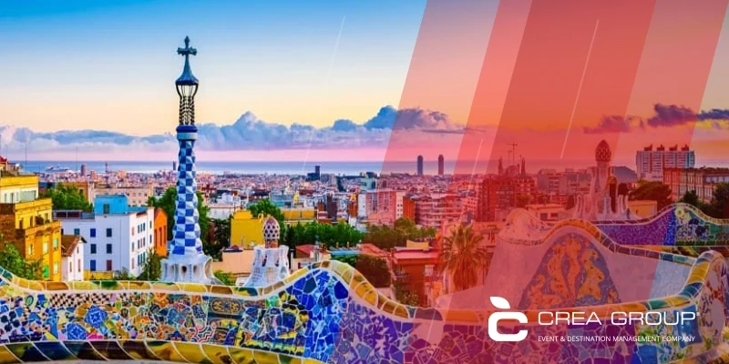 Panorama of Barcelona from Park Güell representing Mediterranean innovation and culture in CREA Group Events’ projects.