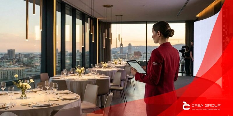 A professional event manager coordinating a high-end corporate event in a modern venue, featuring professional audiovisual production, elegant table settings, and a technical team preparing a stage at sunset.