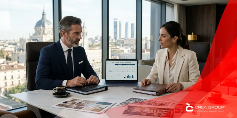 Two corporate event planners discussing a DMC versus local agency comparison in a Madrid office with city views