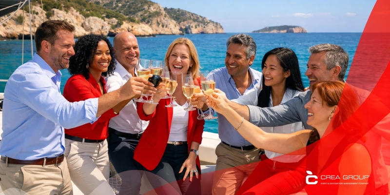 CREA Group Events diverse team toasting champagne on luxury yacht off Mediterranean coast, symbolizing joy, success, and teamwork.