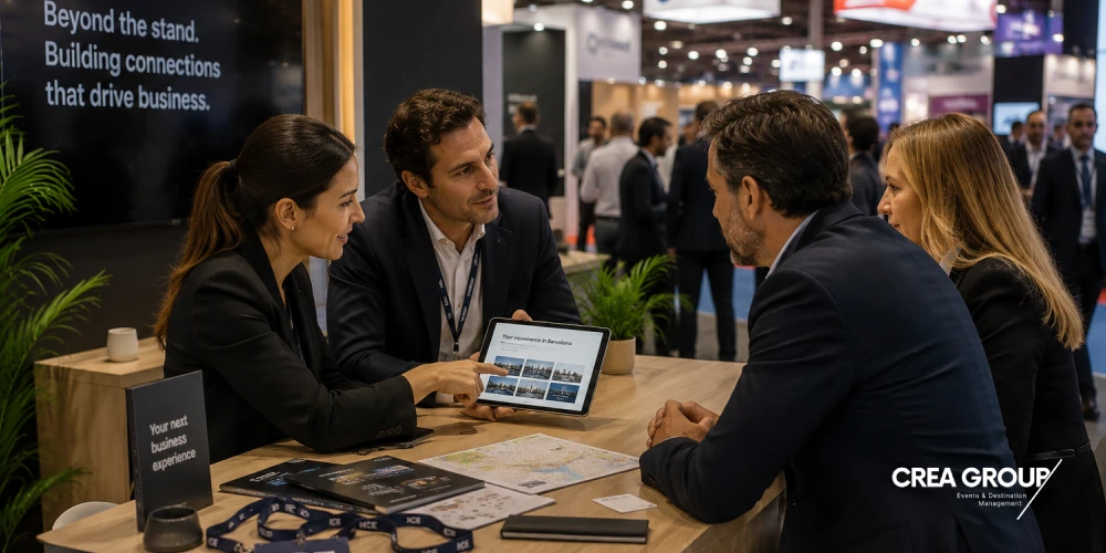 Business meeting and corporate DMC experience presentation at an exhibition stand during ICE 2027 in Barcelona.