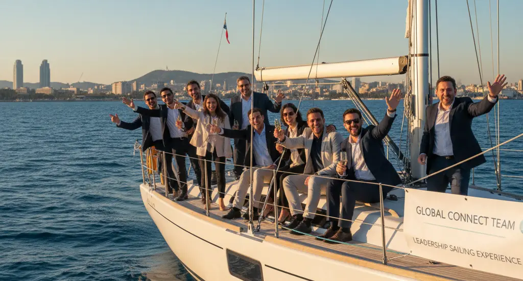 Corporate team participating in a sailing incentive near Barcelona organized by CREA Group Events, enjoying Mediterranean views.