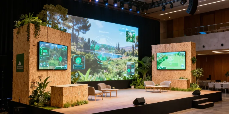 Alt Text (Alt Tag) Suggested: Modular eco-stage setup with 3D mapping, AR interactive screens, ambient lighting, recycled materials, and 360-degree sound in a modern Barcelona-inspired hall