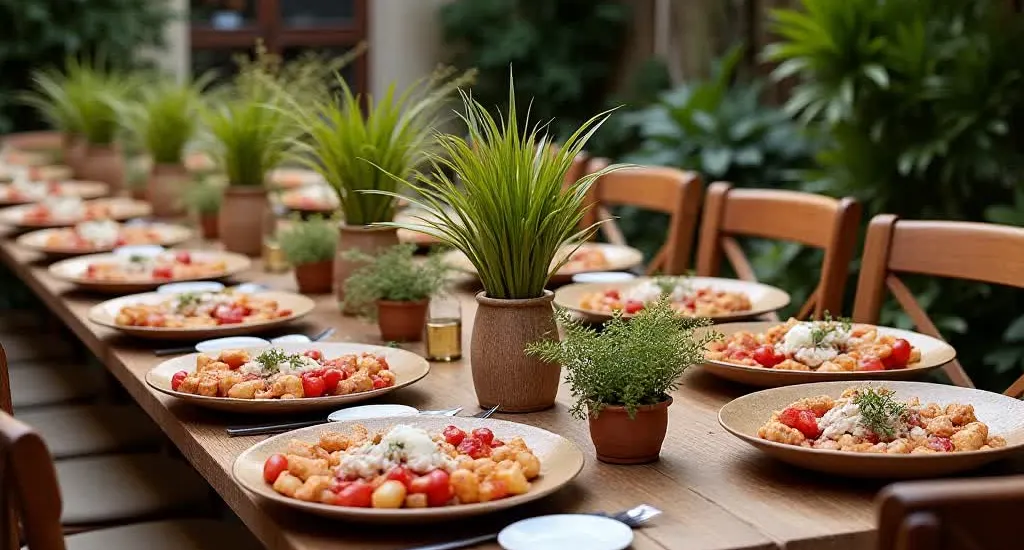 Eco-friendly catering setup with organic local food and greenery during a sustainable corporate event by CREA Group Events in Barcelona.