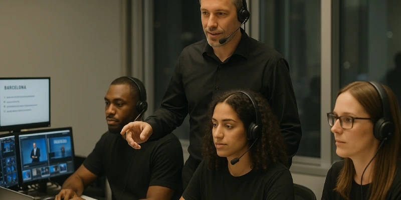 barcelona-event-mice-event-team-logistics-2026 A modern event planning team and production team working in a control room, with three operators wearing headsets and using computers and video equipment while a supervisor stands behind guiding them. Multiple screens display live event feeds and planning details, illustrating a professional behind-the-scenes event management environment.