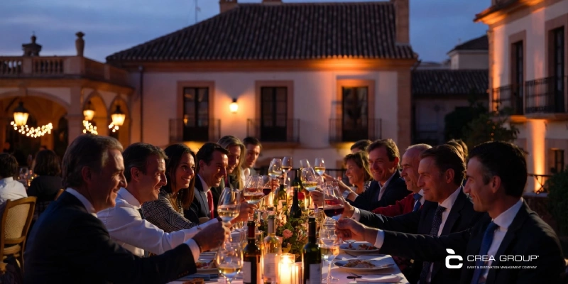 sopar-gala-corporatiu-esdeveniment-networking-exterior Professionals de negocis brindant amb vi durant un sopar de gala de luxe a l'aire lliure en una finca