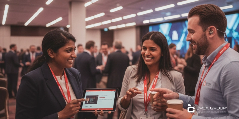 Professionals d'empresa fent networking en una conferència, tres col·legues somrients discutint contingut en una tauleta amb branding de l'esdeveniment.