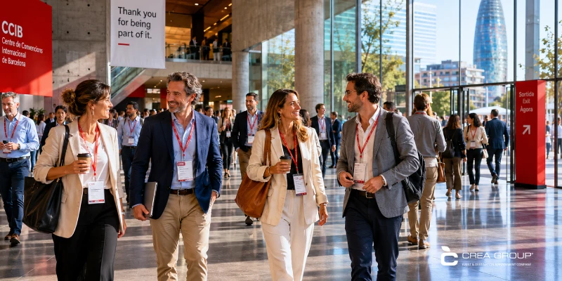 Un grupo de profesionales con vestimenta casual de negocios camina y sonríe mientras conversa en el luminoso vestíbulo del centro de convenciones CCIB en Barcelona.