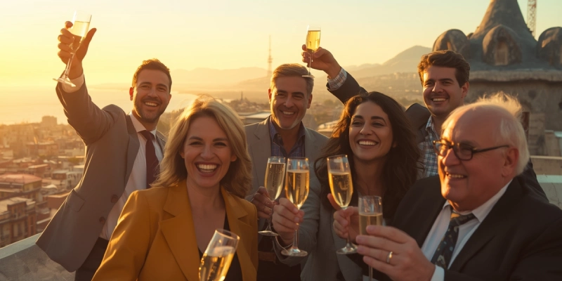 Equipo corporativo diverso celebrando un exitoso viaje de incentivos en una terraza de lujo en Barcelona al atardecer, con el mar Mediterráneo y la arquitectura de Gaudí de fondo; un ejemplo perfecto de lo que el mejor DMC en España puede crear para eventos corporativos en 2026