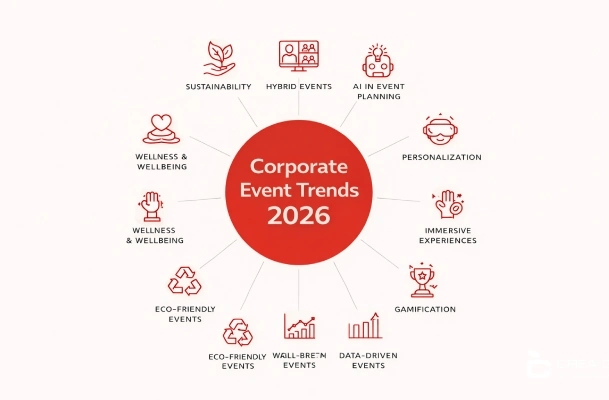 infografia-tendencies-esdeveniments-corporatius-2026 Infografia minimalista que il·lustra les principals tendències en esdeveniments corporatius per al 2026 en un disseny radial amb cercle central vermell titulat