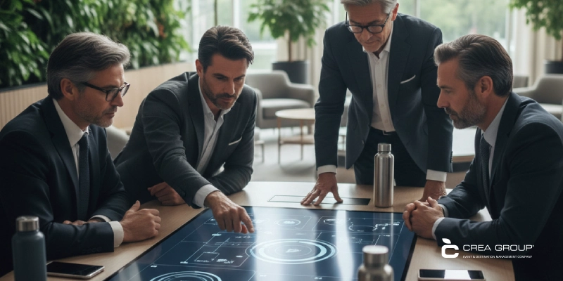corporate-meeting-interactive-table-2026 Business executives in suits discussing strategy around a large interactive touchscreen table displaying digital data visualizations and graphs in a modern office with green wall plants, 2026 corporate meeting trends.