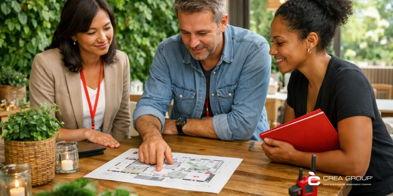 Diverse corporate team of three professionals collaboratively reviewing event floor plan on table outdoors during a small-scale MICE planning session in Spain, highlighting personalized and intimate corporate events organized by CREA Group Events.
