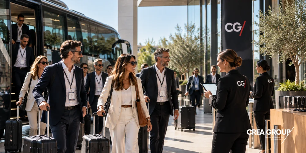 CREA Group Events – Corporate Group Arrival at Event Venue in Spain Corporate group arriving by coach at an event venue in Spain, where the event team welcomes the attendees.