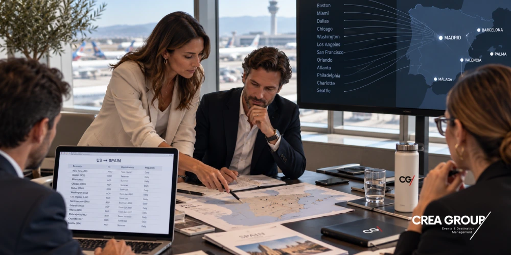 CREA Group Events – Corporate Flight Logistics Planning in Spain Event professionals planning flight routes and arrival logistics for a corporate group travelling to Spain.