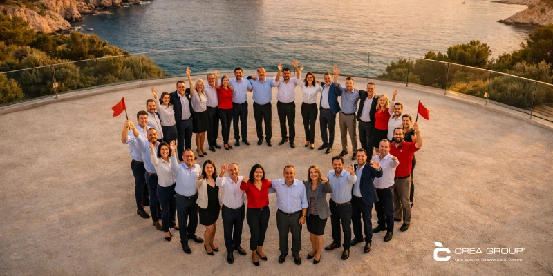 Gran equip de més de 30 professionals somrients i diversos de CREA Group Events posant en formació circular i saludant en una terrassa amb impressionants vistes al mar Mediterrani a la posta de sol, simbolitzant unitat, motivació i esperit corporatiu