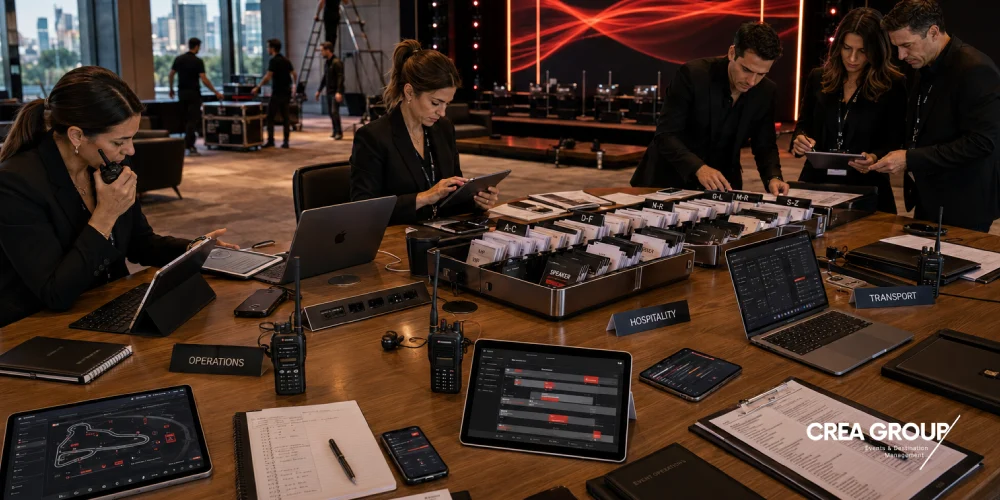 event-operations-team-grand-prix-weekend-madrid Event operations team coordinating transport, hospitality and accreditations during a Grand Prix weekend in Madrid