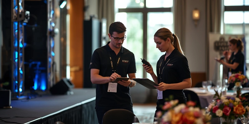 Professional event staff working on-site during setup and execution of a luxury corporate event in Spain: coordinating logistics, adjusting stage and audiovisual elements, placing floral centerpieces, real behind-the-scenes of a full-service event management company in Spain
