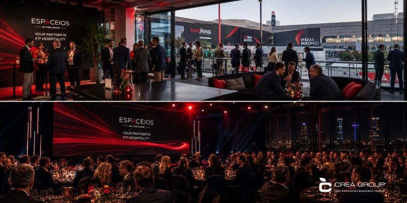 Dual view of an Espaceios F1 hospitality event in Madrid, showing a daytime networking terrace overlooking IFEMA on top, and a luxury corporate gala dinner at night on the bottom.