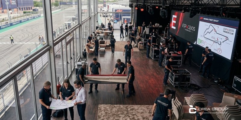 Behind the scenes of an F1 hospitality venue setup by Espaceios at IFEMA Madrid circuit, showing event production staff assembling the lounge next to the racetrack.