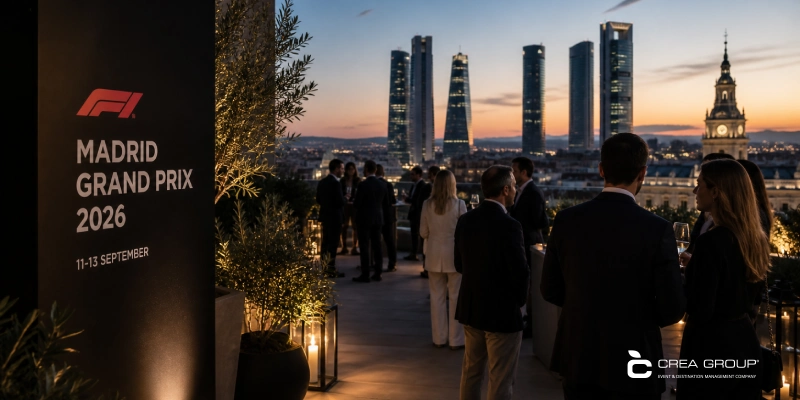 People networking at a luxury rooftop event for the Formula 1 Madrid Grand Prix 2026, with the Four Towers skyline at sunset in the background.