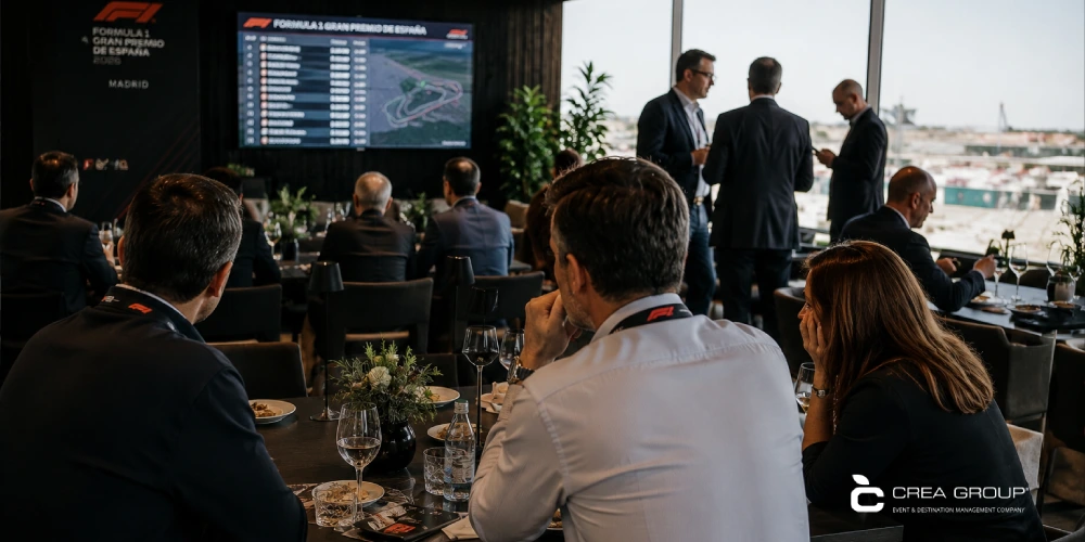 Corporate guests enjoying a Formula 1 hospitality lounge in Madrid with live race data screens, networking and premium event catering