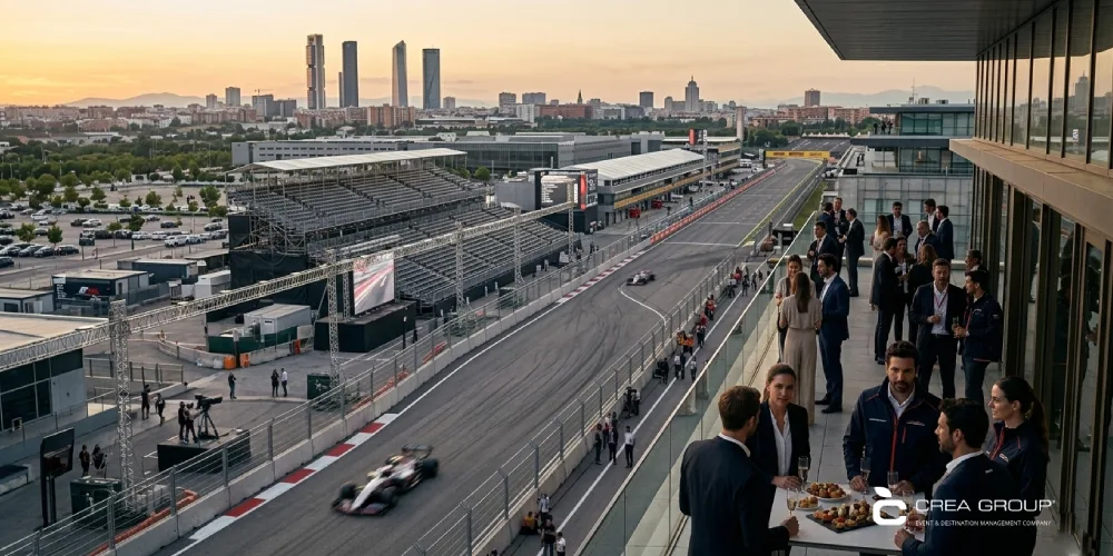 Convidats corporatius en una terrassa VIP observant el circuit urbà de Fórmula 1 a IFEMA Valdebebas durant el GP de Madrid.