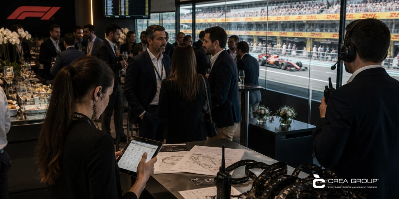 Interior of a VIP F1 hospitality suite in Madrid showing guests networking and staff organizing badges, with a view of the race track and a Ferrari car through the window.