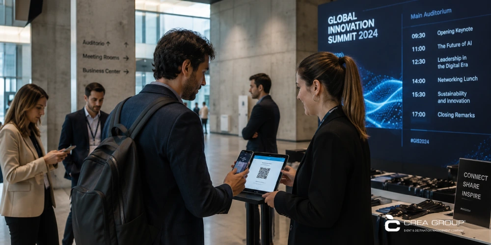 global-innovation-summit-2024-networking-registration-qr-code-business-event Attendees networking and scanning QR codes at Global Innovation Summit 2024 registration desk in modern conference venue