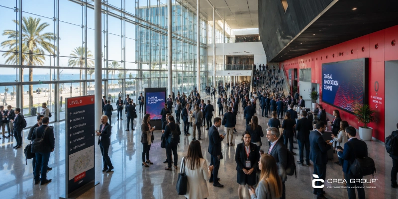 Gran vestíbulo de un centro de convenciones moderno lleno de asistentes durante el Global Innovation Summit, con altas paredes de cristal que muestran vistas de palmeras y el mar.
