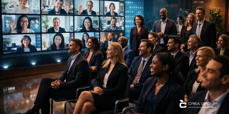 Group of diverse corporate professionals seated and smiling in a modern conference room during a hybrid event, with large screens displaying multiple engaged virtual participants waving and interacting in video call windows, highlighting hybrid events and virtual and hybrid experiences as key corporate event trends 2026.