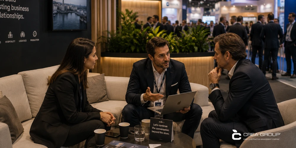 Tres professionals conversen asseguts en una zona de reunions amb sofàs dins d'una fira a Barcelona. Al centre hi ha una taula baixa amb un ordinador portàtil i fullets informatius