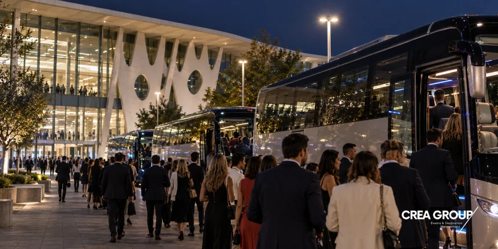 Transport i autobusos de luxe per a esdeveniments ICE 2027 - CREA Group Assistents a ICE 2027 vestits de gala embarcant en autobusos privats de luxe organitzats per CREA Group davant d'un espai il·luminat de nit.