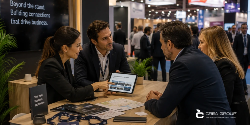 A group of business professionals in formal attire network at a branded stand at an ICE event in Barcelona. One woman is presenting content on a tablet to two colleagues.
