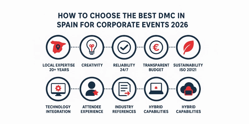 nfografía accesible que muestra los 7 criterios esenciales para elegir el mejor DMC en España para eventos corporativos y viajes de incentivos en 2026: experiencia local de más de 20 años, creatividad, fiabilidad 24/7, presupuestos transparentes, sostenibilidad ISO 20121, integración tecnológica, experiencia de los asistentes, referencias del sector y capacidades híbridas – diseñada para planificadores corporativos de todo el mundo.