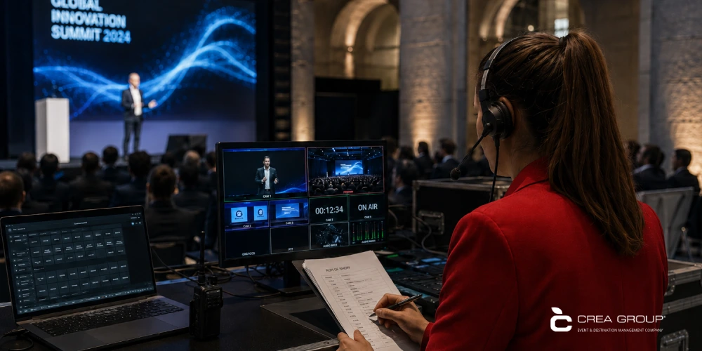 innovation-summit-control-room-technician-red-jacket-live-production-broadcast Live production control room technician managing broadcast during Global Innovation Summit 2024 event