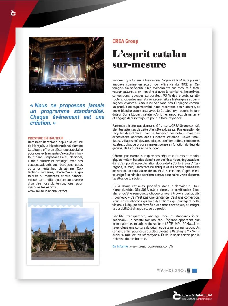 L'espirit Catalan Sur Mesure CREA Group featured in Voyages & Business for its creative and sustainable MICE approach in Catalonia.
