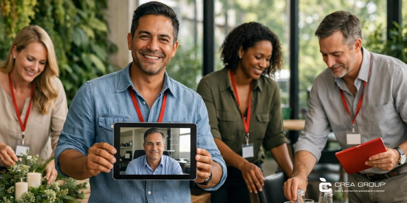 local-dmc-on-site-team-video-call-client Diverse professional local DMC team in a sustainable event venue with lush green living walls and natural light, calmly coordinating setup. One team member holds a tablet displaying a video call with a satisfied corporate client, highlighting hybrid remote-local collaboration for corporate events and incentives.