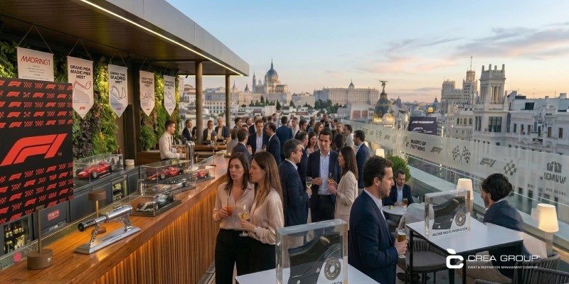 Profesionales en un evento de team building en una terraza de Madrid con temática de Fórmula 1.